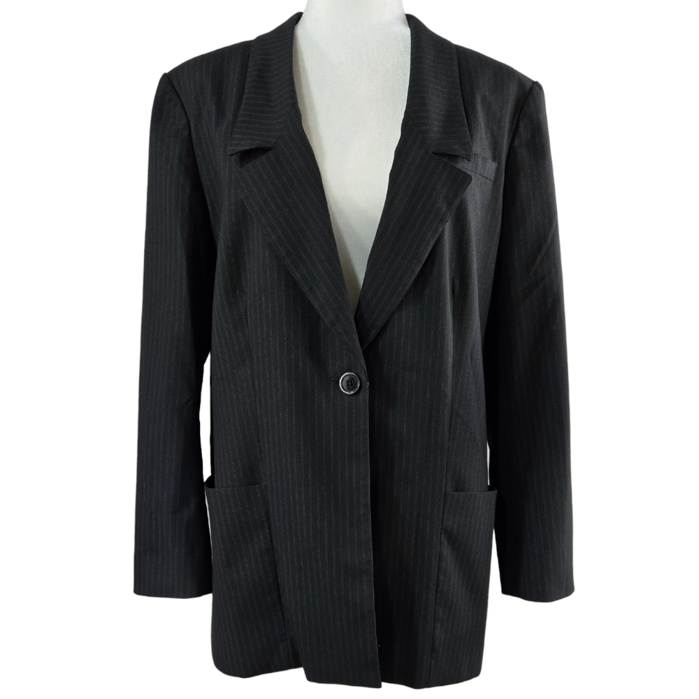 Chico's Black Pinstripe One Button Blazer Pockets Classic Career Preppy